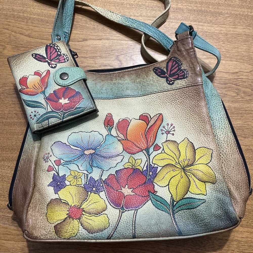 Anuschka Hand Painted Shoulder Bag Leather Matching Wallet Flowers Butterfly‎